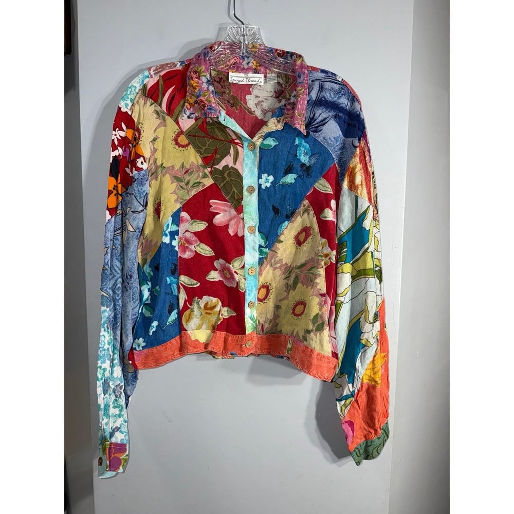 Sacred Threads patchwork jacket style top multicolor floral size Large rayon